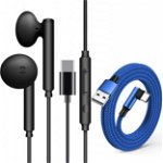 Set de casti USB-C cu microfon incorporat si cablu USB ZJXD, plastic/nailon/metal, albastru/negru, 