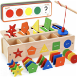 Joc Montessori 3 in 1 Cutie de sortare si pescuit culori si forme magnetice, 25 piese si 11 cartonase, Krista