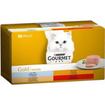 PURINA Gourmet Gold Mousse, 4 arome (Vită, Curcan, Ficat, Ton), pachet mixt, conservă hrană umedă pisici, (pate), 85g x 4, Gourmet