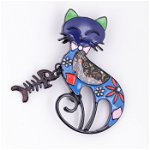Brosa metalica neagra pisica cu pestisor atarnat la gat, albastru si verde, Shopika