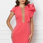 Rochie Moze roz zmeura cu floare si volan pe umar, 