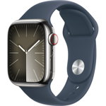 Apple Apple Watch 9, GPS, Cellular, Carcasa Silver Stainless Steel 41mm, Storm Blue Sport Band - S/M, Apple