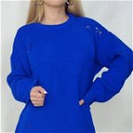 Pulover lung tricotat Laura, cu decupaje in material, Albastru, Marime universala S/M/L, FashionForYou