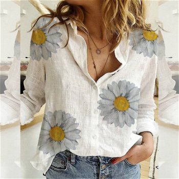 Bluza casual vintage pentru femei, cu imprimeu de floarea soarelui ?i maneca lunga, bluza subtire, Neer