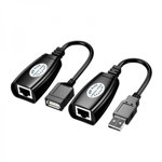 Cablu adaptor extender USB tata-RJ45 mama USB mama-RJ45 mama bidirectionale pentru extinderea semnalului USB prin Cat5/ Cat6 20cm negru, PLS
