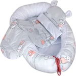 Set Baby Nest cu Pernita si Salteluta, fata dubla Pink Bunnies - Alb/Gri, Pufinas