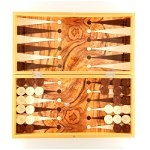 Joc Table YeniGun, 48 x 24 x 6.5 cm, poliprolinea, inchidere magnetica, 30 de piese, 2 zaruri, tabla pliabila, Maro/Crem
