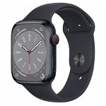 Smartwatch Apple Watch S8 Cellular, ecran LTPO OLED, Bluetooth, Wi-Fi, GPS, Bratara Silicon 45mm, Carcasa aluminiu, Rezistent la apa 5ATM (Negru)