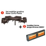 Pachet Set mobilier gradina maro Keter Corfu Fiesta + Incalzitor Varma V400/2-30X5 cu infrarosu 3000W IP X5, Keter