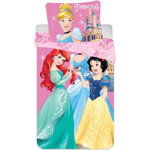 SunCity - Lenjerie 2 piese Ariel, Cinderella and Snow White , Disney Princess, Husa perna 60x40 cm, 135x100 cm, Roz, SunCity