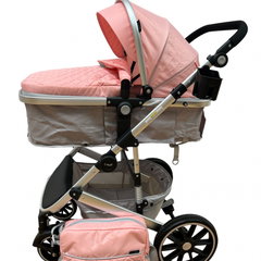 Carucior T1, 2 in 1, cu suspensii, reversibil, cu geanta, roz/gri