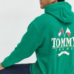 Tommy Jeans hanorac de bumbac barbati, culoarea verde, cu glugă, cu imprimeu, Tommy Jeans