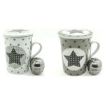 Cană cu filtru pentru infuzii DKD Home Decor Alb Bej Oțel inoxidabil Porțelan (280 ml) (2 pcs), DKD Home Decor