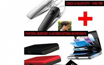 Casca bluetooth + Portofel securizat pentru carduri cu incarcator baterie externa 2 in 1, Omega Shop