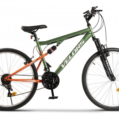 Bicicleta MTB-FS Velors Thunder V26205B GriGalben, roti 26 inch, schimbator spate Sunrun 7 viteze, manete schimbator Rotative 21 viteze, cadru full-suspension otel, frane V-Brake, VELORS
