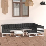 Set mobilier gradina cu perne vidaXL, 9 piese, lemn masiv de pin alb, 70 x 70 x 67 cm, 87.34 kg