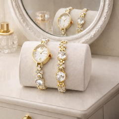 Set Ceas si Bratara pentru Dama, Finisaj Auriu cu Pietre Decorative, Elegant si Rafinat, Tenq.ro