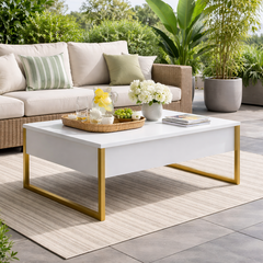 Masuta cafea alba premium cu picioare aurii metalice 90x60 cm design elegant, Tenq.ro