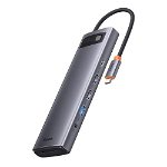 Adaptor Metal Gleam 12in1, Baseus, HUB USB-C - HDMI, DP, USB3.0, USB-C 10GB/s, RJ45, Audio, SD/TF, 100W, Gri