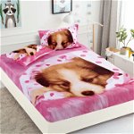 Husa de pat cu elastic + 2 Fete de Perna 160x200, Pink Dog, JOJO HOME