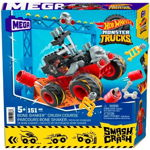 Mega Bloks Set de constructie cu rampa, Hot Wheels, Monster Truck, Smash si Crash Bone Shaker, 151 piese, HKF87, Mega Bloks