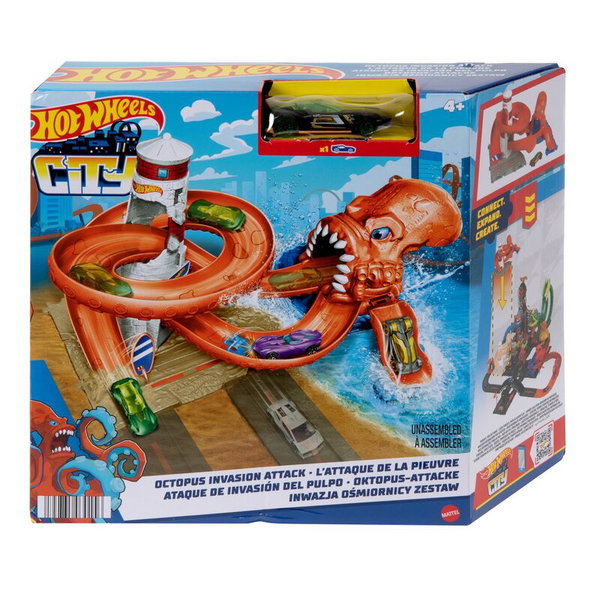 Set masinuta HOT WHEELS City - Pista Inamicilor sectia de politie HDR32, 4 ani+, albastru-rosu