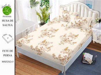 Husa de pat cu elastic 180x200 din Bumbac Finet + 2 Fete de Perna - Crem Floral, ELEGANT HOME PUCIOASA