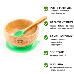 Set diversificare pentru copii castron, farfurie si doua lingurite din bambus Oaki verde, Oaki