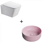 Set vas wc rimless cu capac soft close Paris plus lavoar baie rotund roz mat, Foglia