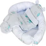 Set Baby Nest cu Pernita si Salteluta, fata dubla Turquoise Rabbits - Alb/Gri, Pufinas