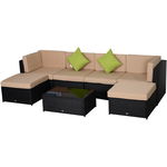 Outsunny Set Living de Exterior 7 Piese din Rattan PE Canapea Pufuri și Masă de Cafea Design Contemporan Negru Kaki | Aosom Romania, Outsunny