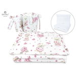 Set lenjerie patut 5 piese MimiNu cu volanase pilota si perna din bumbac 120x60 cm Design Pink Ballerina, MimiNu