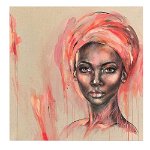 Tablou portret carbune, acrilic, femeie africana cu turban, roz 1324 - Material produs:: Poster pe hartie FARA RAMA, Dimensiunea:: 60x60 cm, 
