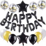 Set baloane Happy Birthday negru si auriu, 