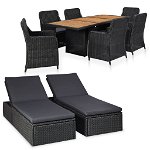Set mobila de exterior 9 piese, masa scaune si 2 sezlonguri, vidaXL, Poliratan/Lemn, 200 x 100 x 74 cm, Negru