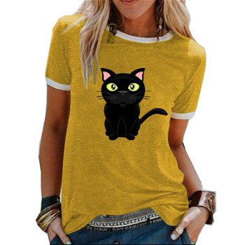 Tricou cu imprimeu de pisica pentru femei, in culori contrastante, cu decolteu rotund ?i maneca scurta, pentru timpul liber, Neer