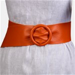 Curea portocalie din piele naturala cu latime de 7 cm, catarama rotunda imbracata in piele, Shopika