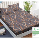 Husa de pat cu elastic 140x200 din Bumbac Finet + 2 Fete de Perna - Geometric Gri Auriu, 