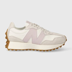 New Balance, Pantofi sport cu garnituri de piele si piele intoarsa 327, Alb fildes, Lila, 5.5 New Balance, Pantofi sport cu garnituri de piele si piele intoarsa 327, Alb fildes, Lila, 5.5