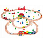 Joc Circuit din lemn, ECOTOYS HM014665, cu trenulet si masinute, 90 de elemente, Ecotoys