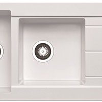 Chiuveta Pyramis ALAZIA 1 3/4B 1D SNOW, din granit, reversibil, 2 cuve+picurator, alb