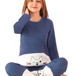 Pijama bleumarin cocolino fete cu model Cat, 