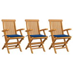 Set de 3 scaune de exterior cu maner cu perne colorate, vidaXL, Lemn de tec, 55 x 60 x 89 cm, Albastru