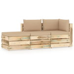 Set mobilier de gradina canapea cu perne 3 piese, vidaXL, Lemn de pin verde tratat, Maro/Perne bej