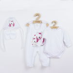 Set 4 piese: body cu maneca lunga, salopeta fara maneci, caciulita, manusi, Marime 56, Din bumbac 100%, New Baby, Foxy