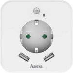 Adaptor priza HAMA 133752, 1 priza, 2 x USB, Senzor miscare, alb