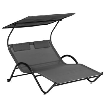 Outsunny Sezlong de exterior pentru gradina cu acoperis parasolar, gri inchis | AOSOM RO, Outsunny