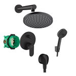 Set de duș, Hansgrohe, cu baterie Vernis Blend, pălărie și pară de duș, cot racord și furtun, negru mat, Hansgrohe