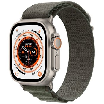 Smartwatch Apple Watch Ultra Cellular, ecran LTPO OLED, Bluetooth, Wi-Fi, GPS, Bratara textil L 49mm, Carcasa titanium, Rezistent la apa 10ATM (Verde)