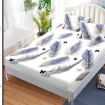 Husa de pat cu elastic 180x200 din Bumbac Finet + 2 Fete de Perna - Pene Albastre Fluturi, ELEGANT HOME PUCIOASA